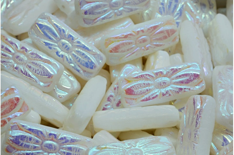 Flower Rectangle Beads, White Ab Full (2X Side) (02010-28703), Glass, Czech Republic