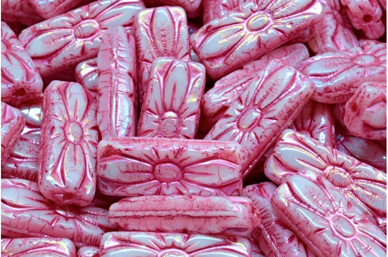 Flower Rectangle Beads, White Ab Full (2X Side) Pink Lined (02010-28703-54321), Glass, Czech Republic