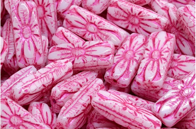 花矩形珠,白色 43807 (02010-43807),玻璃,捷克共和国