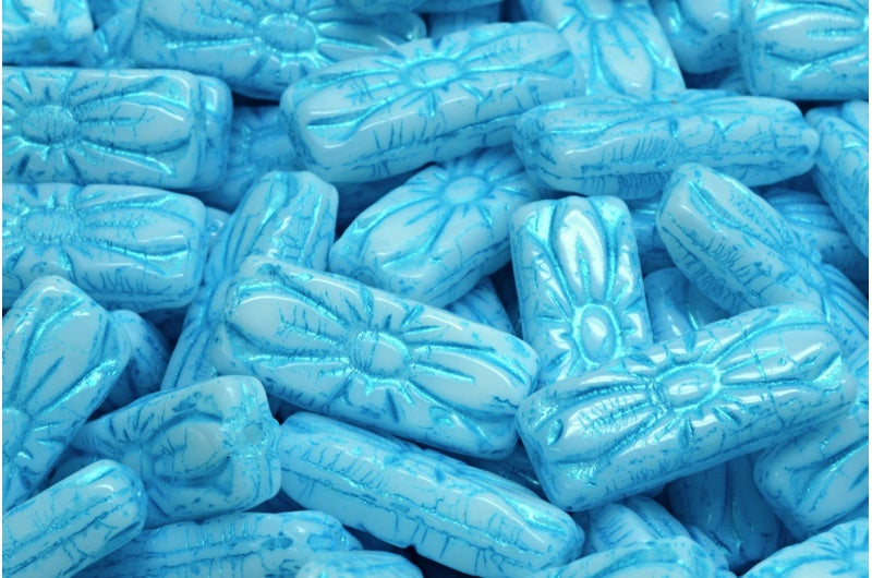 Flower Rectangle Beads, White 43811 (02010-43811), Glass, Czech Republic