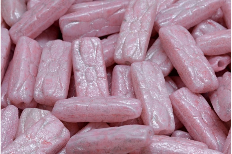 Flower Rectangle Beads, White Etched 34304 34301 (02010-etch-34304-34301), Glass, Czech Republic