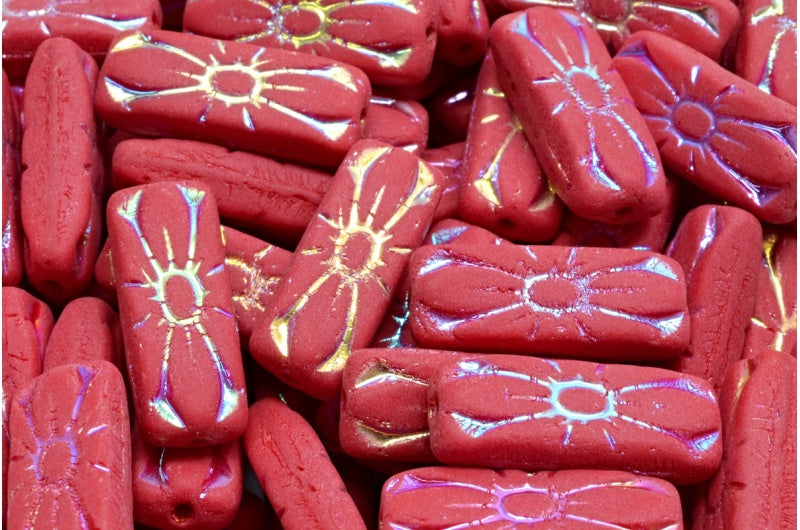 フラワーレクタングルビーズ、不透明レッドアブフル(2Xサイド)マット(93210-28703-84100)、ガラス、チェコ共和国