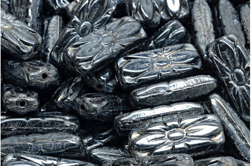 フラワーレクタングルビーズ、ブラックヘマタイト(23980-14400)、ガラス、チェコ共和国