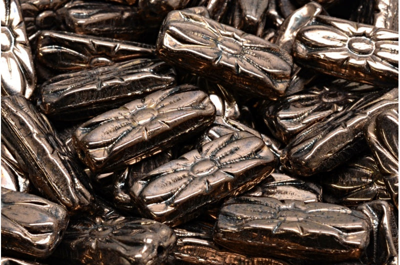 フラワーレクタングルビーズ、ブラックブロンズ(23980-14415)、ガラス、チェコ共和国