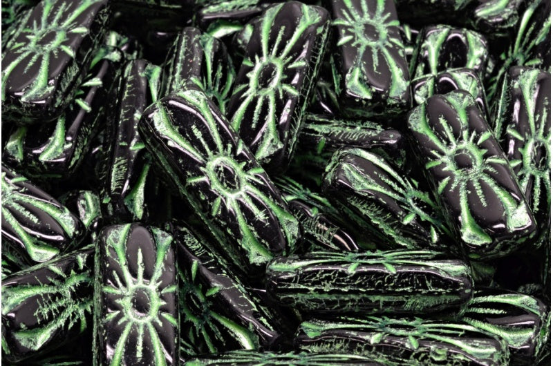 Flower Rectangle Beads, Black 43813 (23980-43813), Glass, Czech Republic