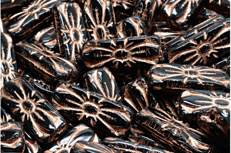 Flower Rectangle Beads, Black Copper Lined (23980-54307), Glass, Czech Republic