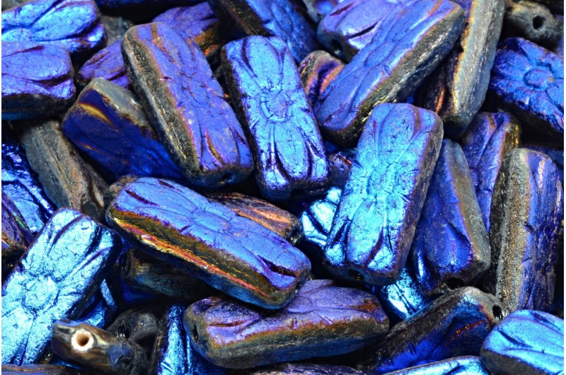 フラワーレクタングルビーズ、ブラックエッチング 22203 (23980-etch-22203)、ガラス、チェコ共和国