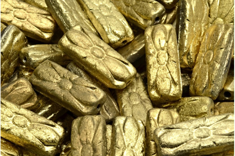 フラワーレクタングルビーズ、ブラックエッチングゴールド(23980-etch-26443)、ガラス、チェコ共和国