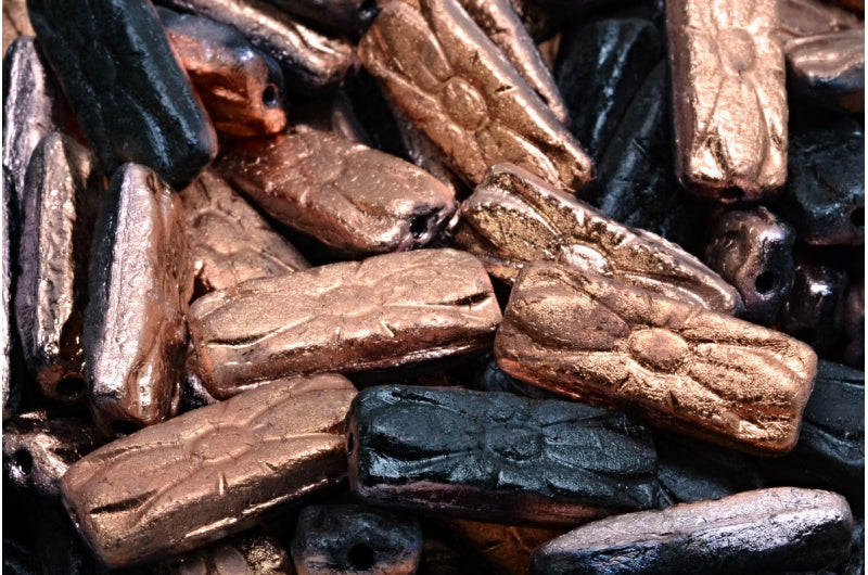 フラワーレクタングルビーズ、ブラックエッチングローズゴールドカプリ(23980-etch-27101)、ガラス、チェコ共和国