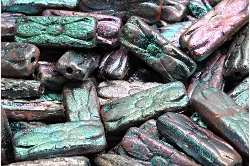 フラワーレクタングルビーズ、ブラックエッチングジェットブラックフルアプリコット(23980-etch-29123)、ガラス、チェコ共和国