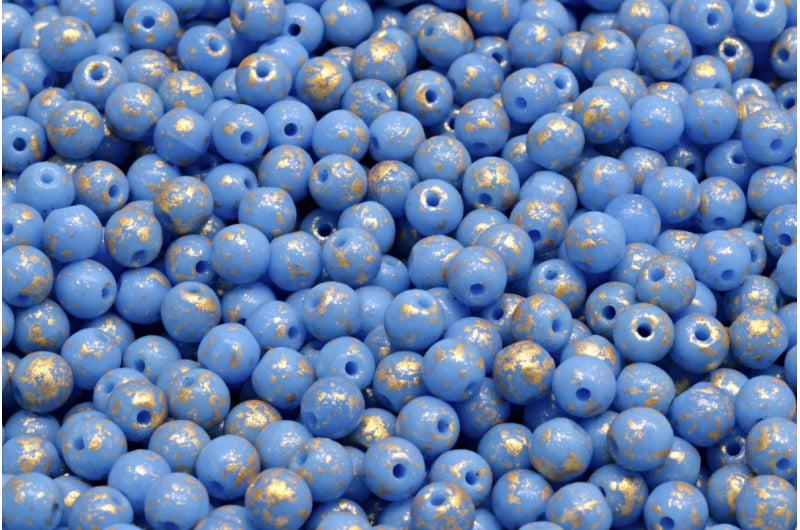 Round Druck Beads 4mm, Opaque Blue Gold Splash (33100-94401), Glass, Czech Republic