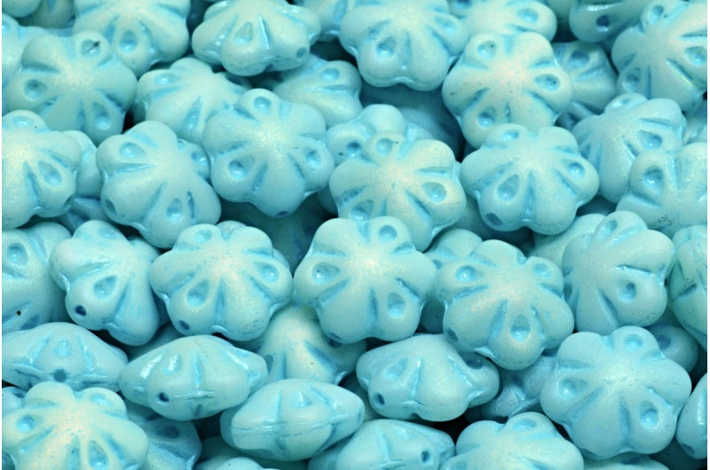 Folklore Flower Beads, White Matte Ab Full (2X Side) Light Blue Lined (02010-84100-28703-54308), Glass, Czech Republic