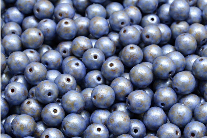 ラウンドドラックビーズ、ホワイトグリーンラスタースポット(02010-65325)、ガラス、チェコ共和国