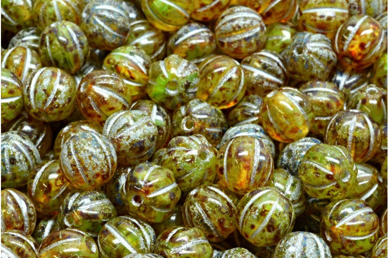 Melon Beads, Opaque Green Travertin 54201 (56018-86800-54201), Glass, Czech Republic