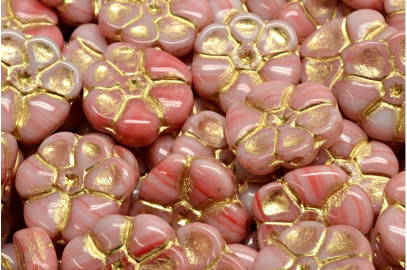 Primrose flower beads, White Red Gold Lined (R2932-54302), Glass, Czech Republic