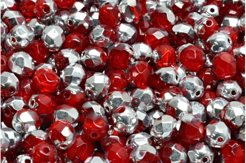 ファセット加工ビーズラウンド、オパールレッドライトサイアムクリスタルシルバーハーフコーティング(91260-90070-27001)、ボヘミアクリスタルガラス、チェコ共和国