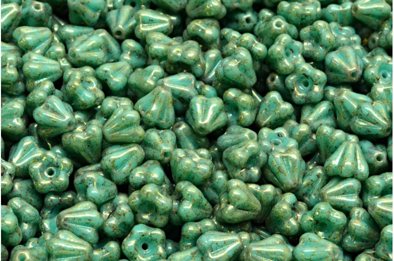 Bell Flower Beads, Turquoise Terracotta Red (63130-15495), Glass, Czech Republic