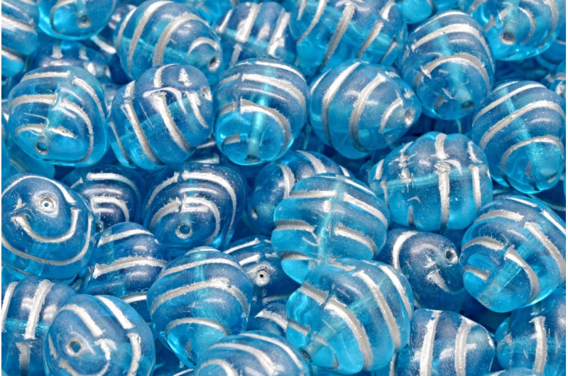Lined Oval Beads Transparent Aqua Silver Lined (60020-54301), Glass, Czech Republic