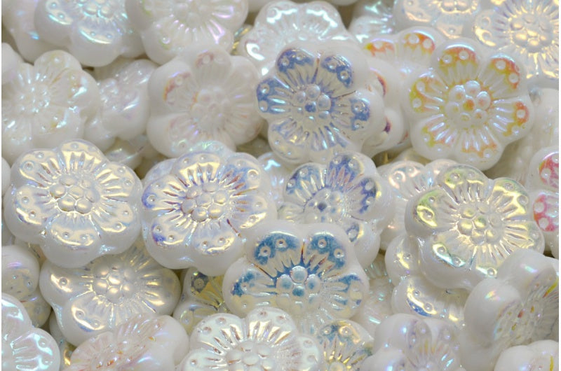 Boho Flower Beads, White Ab Full (2X Side) (02010-28703), Glass, Czech Republic