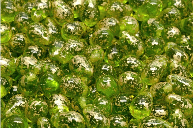 ドロップビーズ、透明グリーンゴールドスプラッシュ(50220-94401)、ガラス、チェコ共和国