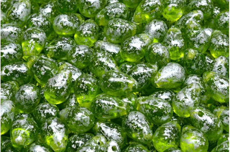 ドロップビーズ、透明グリーンシルバースプラッシュ(50220-94400)、ガラス、チェコ共和国