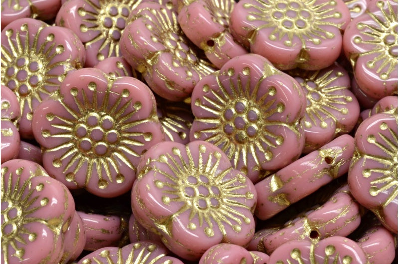 Boho Flower Beads, Opaque Pink Gold Lined (73020-54302), Glass, Czech Republic