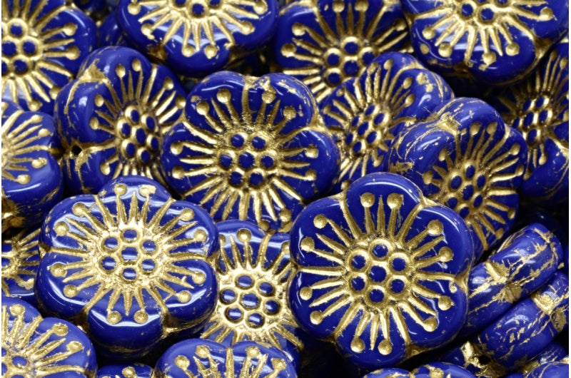 波西米亚花珠,不透明蓝色金色内衬 (33070-54302),玻璃,捷克共和国