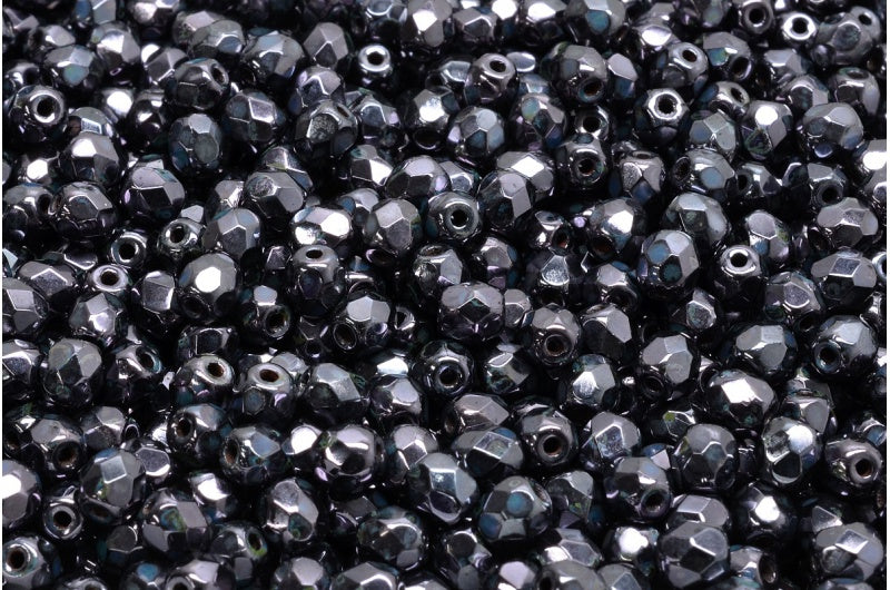 Fire Polished Faceted Beads Round, Black Stain With Luster Blue (23980-65431), Bohemia Crystal Glass, Czech Republic