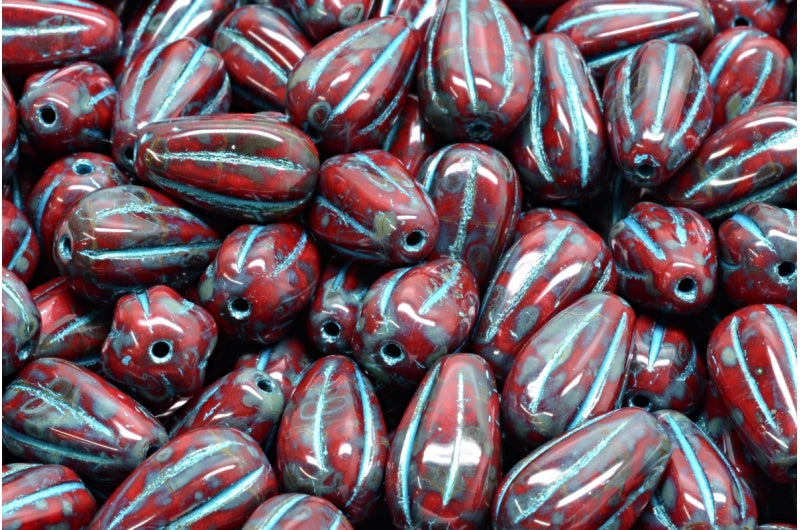Drop Melon Beads, Opaque Red Travertin 43811 (93220-86800-43811), Glass, Czech Republic