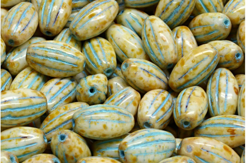 Olive Melon Beads, White Travertin Light Blue Lined (02010-86800-54308), Glass, Czech Republic