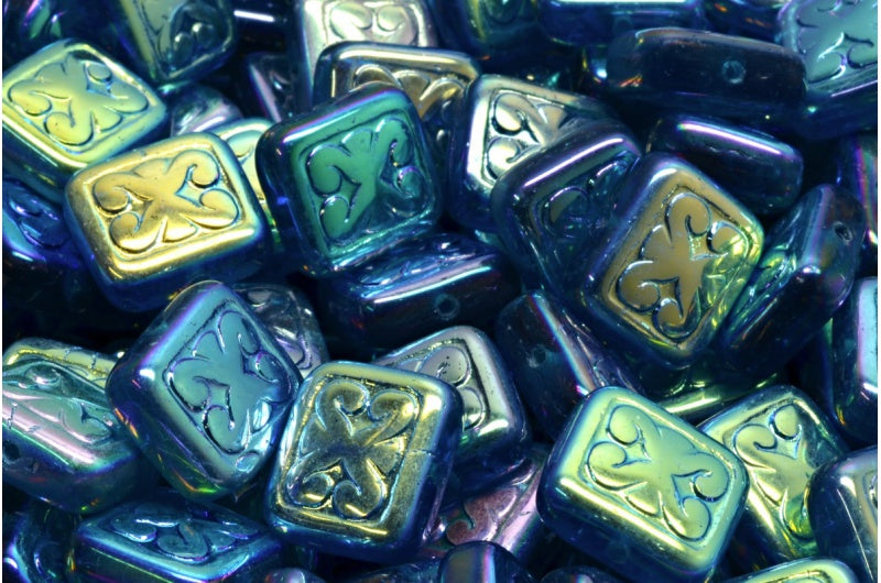 Ornamental Cushion Beads, Transparent Aqua Ab Full (2X Side) (60080-28703), Glass, Czech Republic