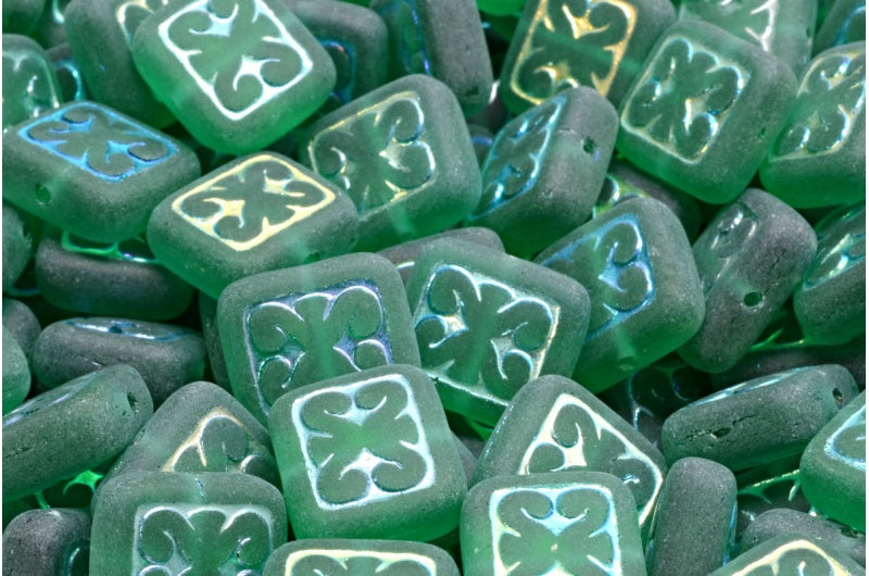 Ornamental Cushion Beads, Transparent Green Emerald Ab Full (2X Side) Matte (50720-28703-84100), Glass, Czech Republic