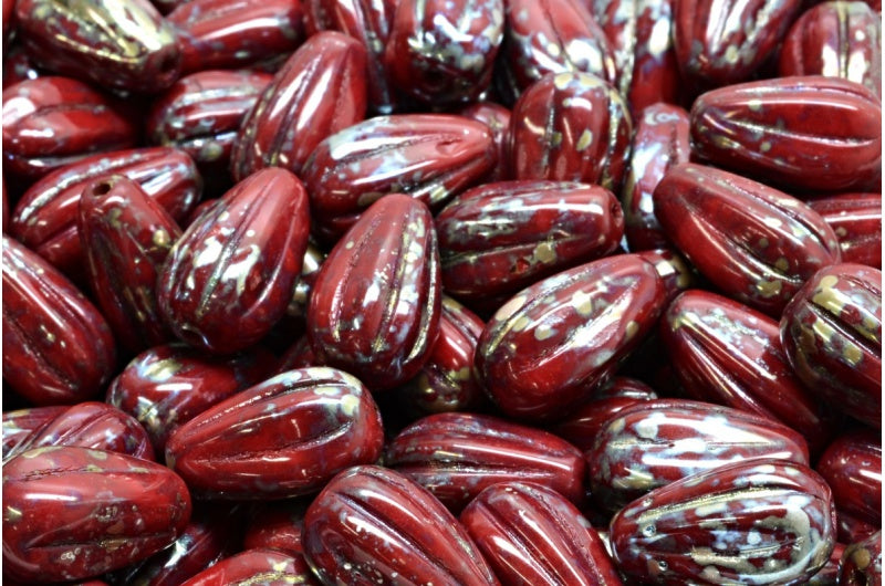 ドロップメロンビーズ、不透明レッドピカソ(93220-43400)、ガラス、チェコ共和国