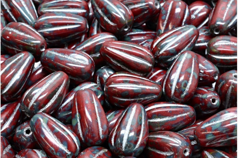Drop Melon Beads, Opaque Red Travertin Silver Lined (93220-86800-54301), Glass, Czech Republic