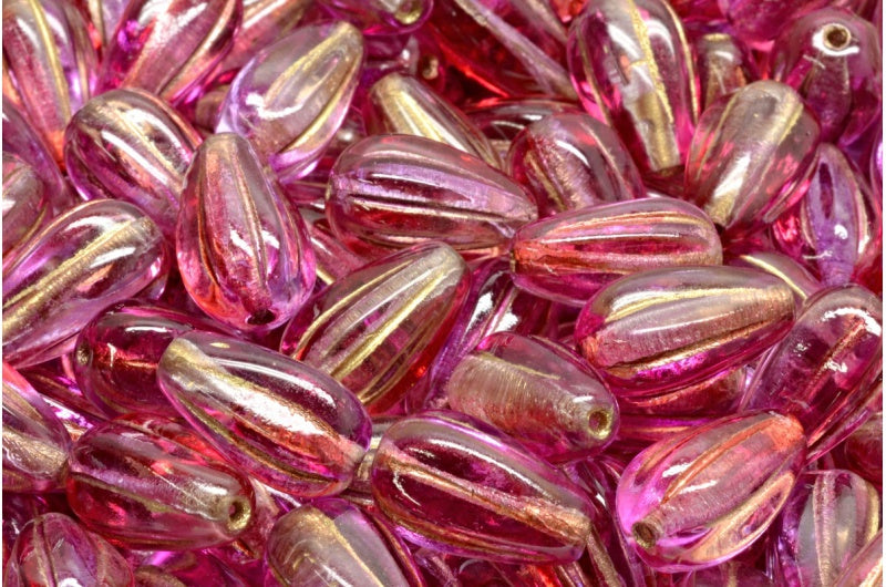 ドロップメロンビーズ、クリスタルゴールドライン、ピンクパープル(00030-54302-48020)、ガラス、チェコ共和国