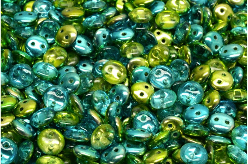 2-Hole Lentil Beads Crystal Glossy Green Blue (00030-48210), Glass, Czech Republic