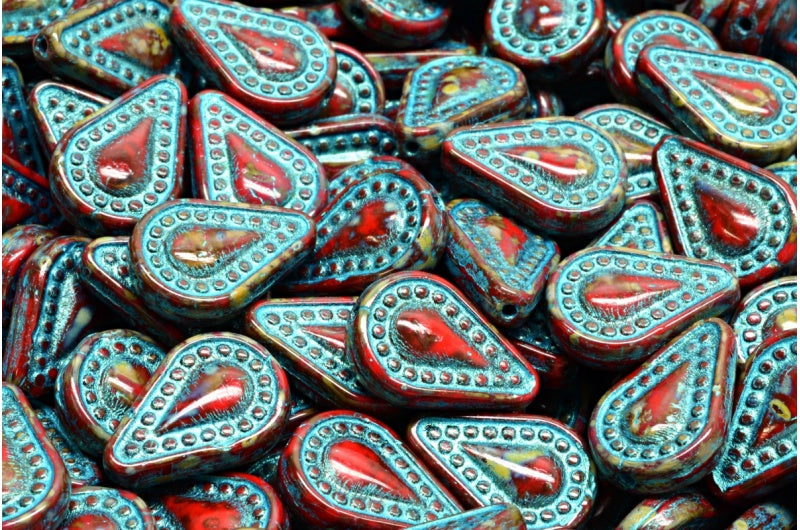 フィリグリーティアドロップビーズ、不透明レッドトラバーチンライトブルーライン(93200-86800-43811)、ガラス、チェコ共和国