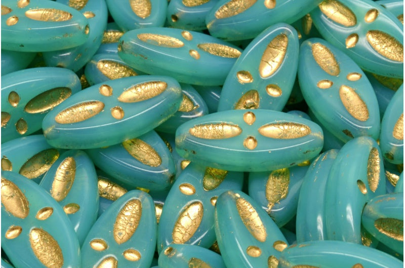 Ship Eye Oval Beads, Opal Aqua Gold Lined (61100-54302), Glass, Czech Republic
