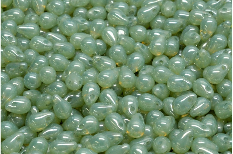 ティアドロップビーズ、オパールホワイトラスターグリーンフルコーティング(01000-14457)、ガラス、チェコ共和国