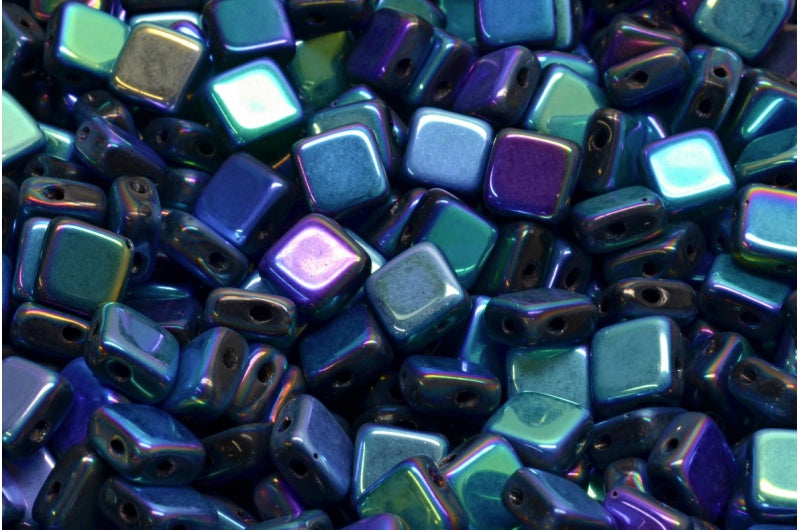 2 Hole Flat Silky Square Beads Black Ab Full (2X Side) (23980-28703), Glass, Czech Republic