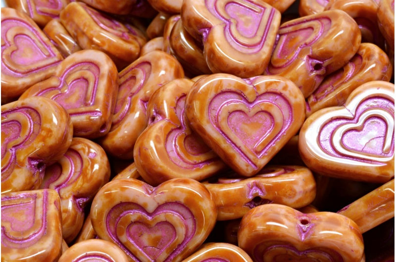 ハートインハートビーズ、不透明ピンクトラバーチンピンク裏地(74020-86800-43807)、ガラス、チェコ共和国