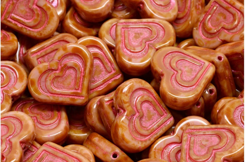 ハートインハートビーズ、不透明ピンクトラバーチン、赤のライン入り(74020-86800-43808)、ガラス、チェコ共和国