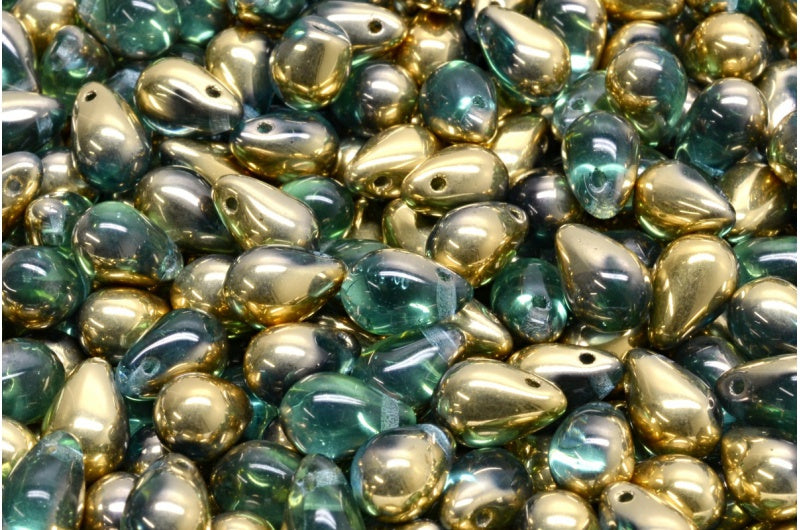 Teardrop beads, Transparent Aqua Gold (60000-26441), Glass, Czech Republic