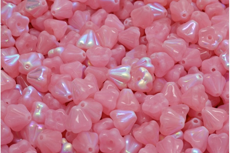 Bell Flower Beads Opal Pink Ab (71400-28701), Glass, Czech Republic