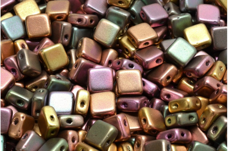 2 Hole Flat Silky Square Beads Crystal Violet Rainbow Metallic Iris (00030-01640), Glass, Czech Republic