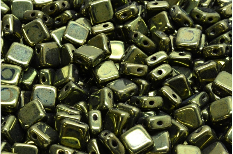 2 Hole Flat Silky Square Beads Black Luster Red Full Coated (23980-14495), Glass, Czech Republic