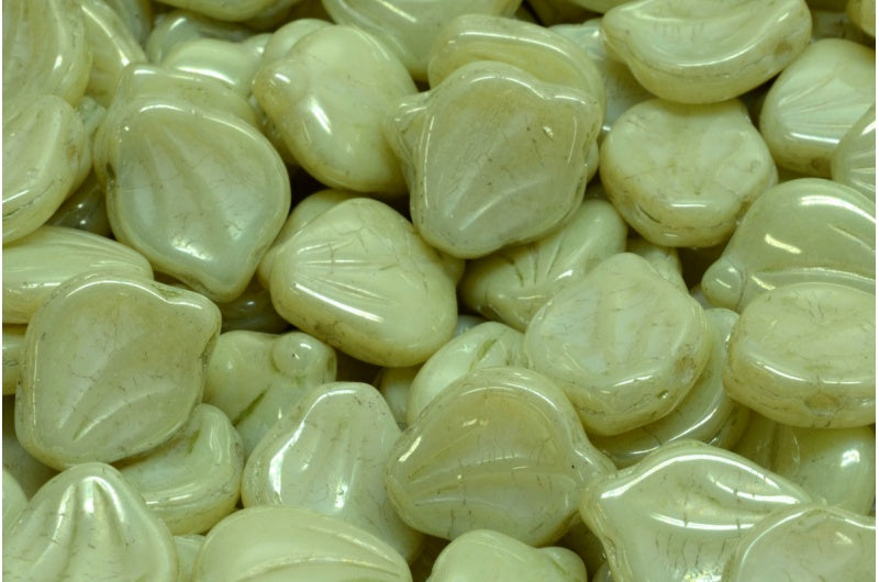 Peony Petal Beads White Luster Green Full Coated (02010-14457), Glass, Czech Republic