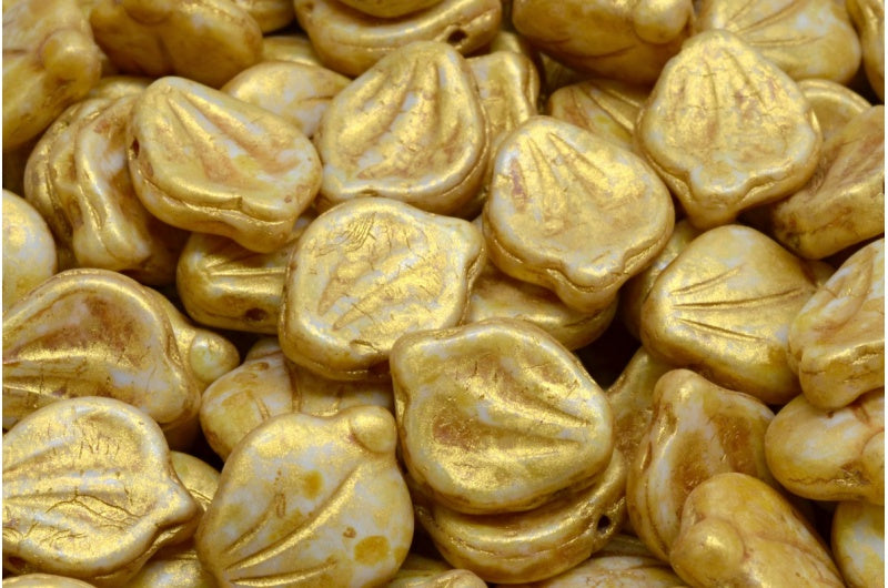 Peony Petal Beads White Gold Luster Spotted (02010-65322), Glass, Czech Republic