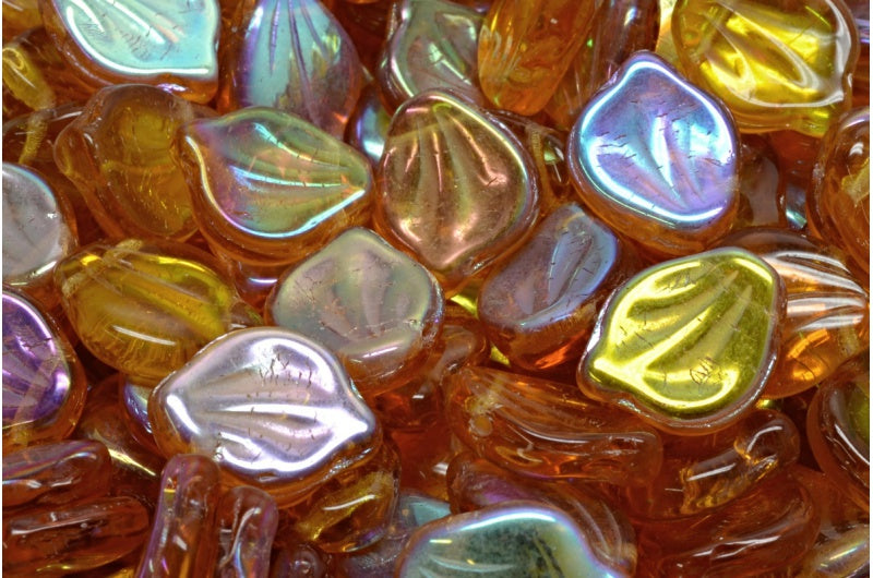 Peony Petal Beads Transparent Orange Ab (10060-28701), Glass, Czech Republic