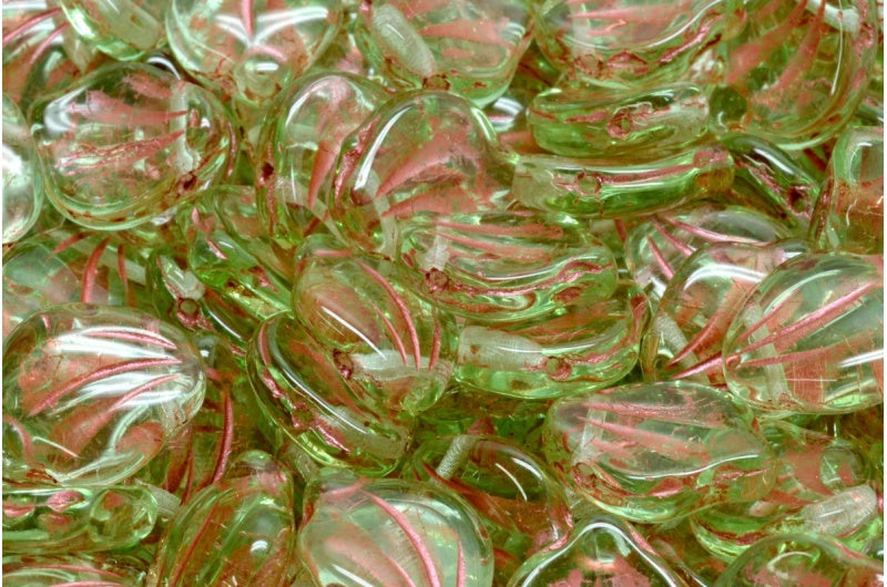 牡丹の花びらビーズ、透明グリーン銅線入り(50500-43806)、ガラス、チェコ共和国